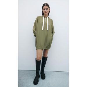 ZARA Hooded Track Style Dress with Grosgrain Ribbon Drawstring, Sz XL